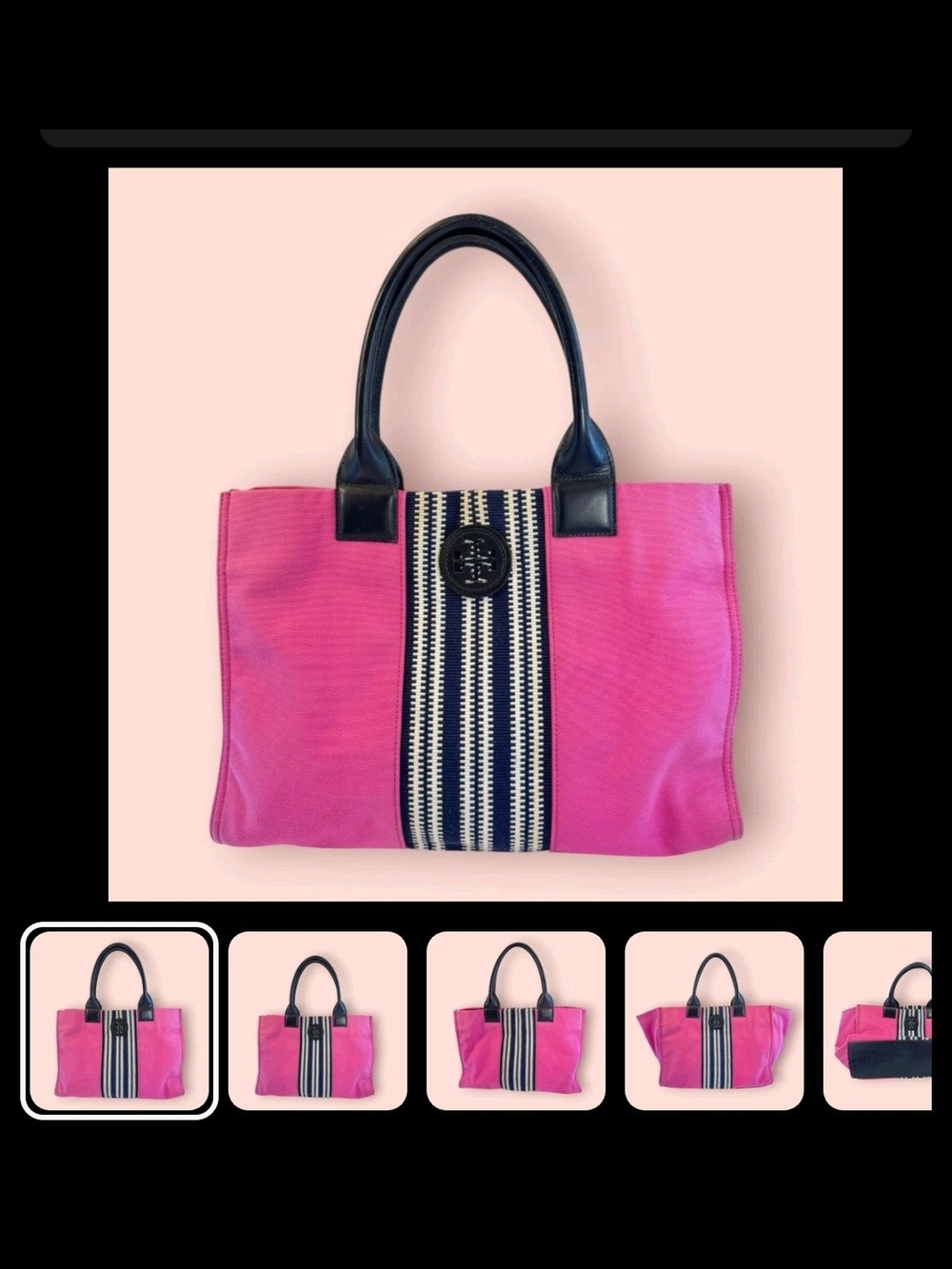 Tory Burch Hot Pink Canvas Tote with Navy Stripe and Handles